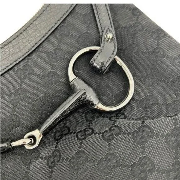 Authentic Gucci GG Horsebit Canvas Hobo Shoulder Tote Bag Leather Monogram Black - Picture 4 of 7